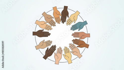 Diverse hands coming together in unity and cooperation forming a circle