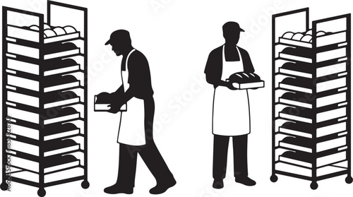 Bakery Workers Silhouettes with Bread Racks Black and White Vector Illustration