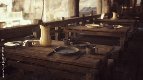 Wooden tables are arranged with simple ceramic dishes and utensils, evoking a rustic dining atmosphere by the water, perfect for gatherings or shared meals.