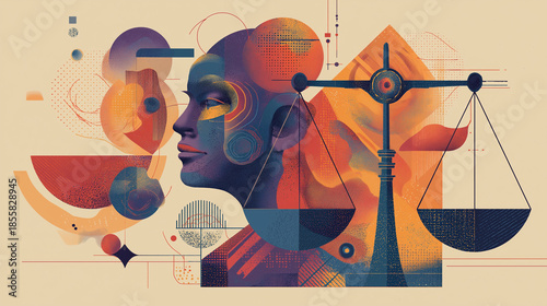 Abstract representation of artificial intelligence ethics with balanced scales, human and digital elements, symbolic futuristic composition