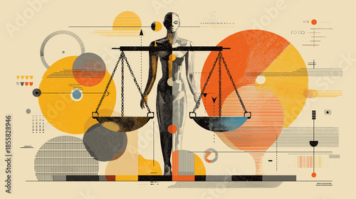 Abstract representation of artificial intelligence ethics with balanced scales, human and digital elements, symbolic futuristic composition