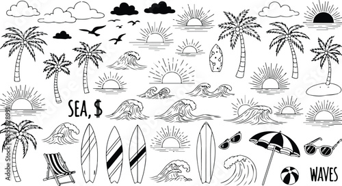 Beach and tropical elements illustration set