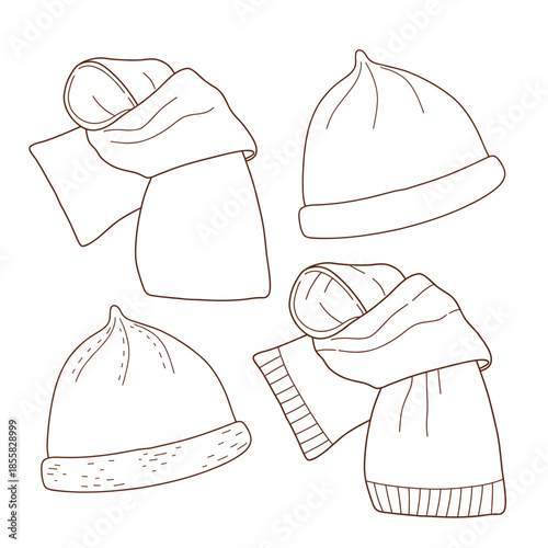 Set of knitted warm items, handmade knitted items. Woolen clothing. Hat, scarf, and gloves. Vector linear illustration. A collection of knitted warm winter clothes. Winter accessories. 