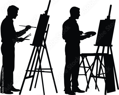 artist painter silhouettes, man painting on easel illustration, creative art process, studio artwork concept, black vector isolated design, background template
