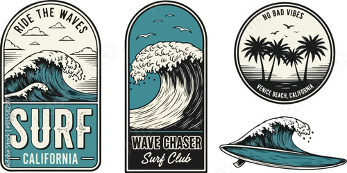Surfing stickers and decals with wave and palm tree designs