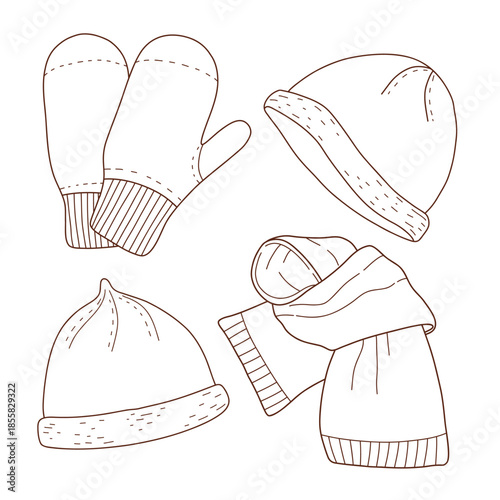 Set of knitted warm items, handmade knitted items. Woolen clothing. Hat, scarf, and gloves. Vector linear illustration. A collection of knitted warm winter clothes. Winter accessories. 