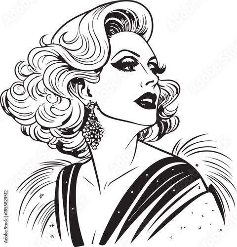 Drag Queen Cabaret Dancer Trans Hand-drawn Sketch Drawing Vector Illustration, Line Linear Symbol Engraving Coloring Book, Black and White Isolated