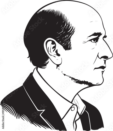 Balding Middle Age Man Profile Portrait Hand-drawn Sketch Drawing Vector Illustration, Line Linear Symbol Engraving Coloring Book, Black and White Isolated