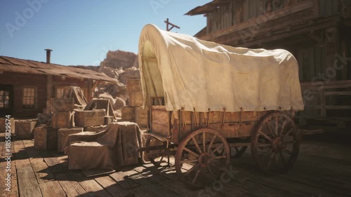 An old wooden wagon with a canvas cover stands on a wooden deck under bright midday sunlight, surrounded by rustic buildings and various crates in a southwestern town.
