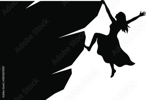 Daring woman silhouette climbing steep cliff edge, freedom courage risk success concept, leadership motivation challenge strength abstract vector illustration design
