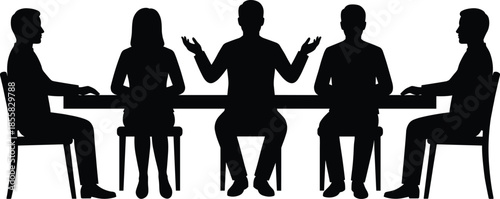 Diverse business team meeting silhouette at conference table, discussion leadership collaboration teamwork strategy decision making corporate illustration vector design concept