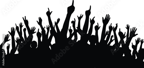 Excited crowd silhouette with raised hands celebrating unity, concert energy, enthusiasm, victory moment, teamwork spirit, festival audience, abstract black background