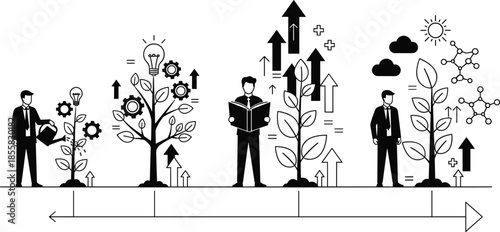 Business growth stages illustration, professional development concept, innovation strategy, education planning, leadership progress, career success, modern flat vector design
