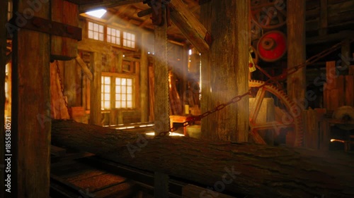 The warm light filters through the wood paneled walls of an old watermill, illuminating the intricate gears and large wooden beams, showcasing a blend of nature and craftsmanship.