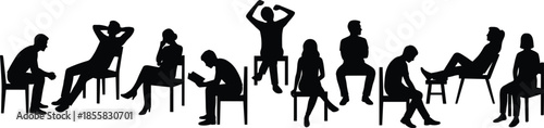 group of people silhouettes, seated waiting poses illustration, diverse human figures sitting chairs, social behavior concept, isolated black vector design