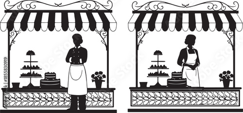 Black and White Silhouette Vector Set of Bakery Stands with Male and Female Vendor