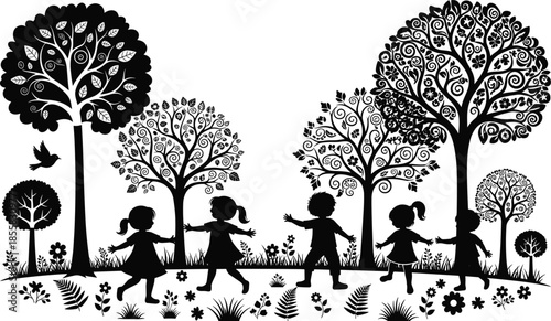 Children playing together in nature park with decorative trees, joyful childhood silhouette illustration, outdoor play concept, whimsical forest scenery