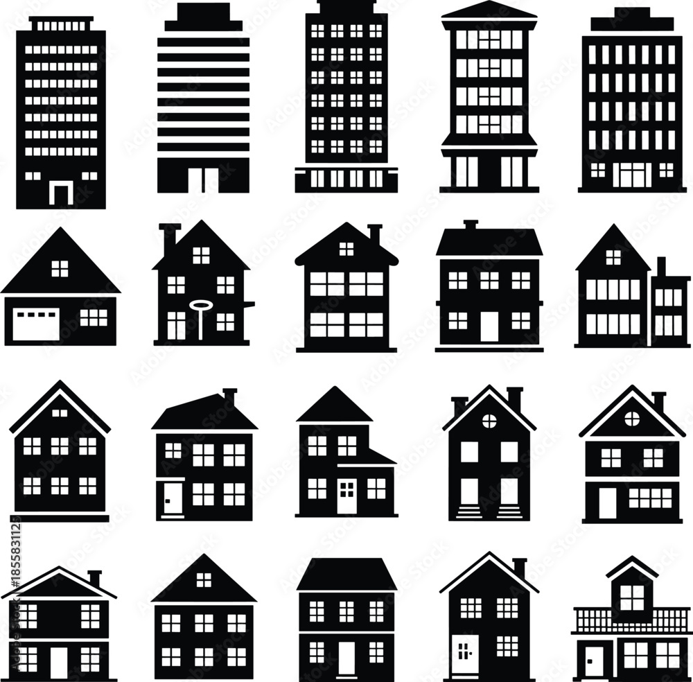 Fototapeta premium Building icons, house silhouettes, architecture, urban design, residential homes, commercial buildings, black vector, roof styles, window layout, door types, chimney, garage, porch