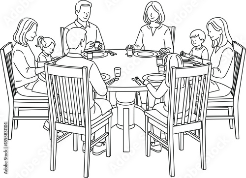 Family eating together at dining table illustration, parents and children sharing meal, home dinner time, happy family gathering