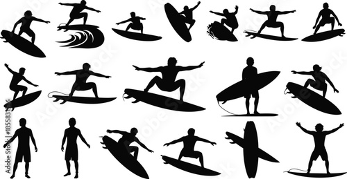 Illustrations of Male and Female Surfers Riding Waves and Performing Tricks on Boards for Sport 