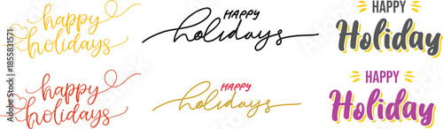 Happy Holiday Icon set. Happy Holidays text, hand drawn calligraphy, lettering, phrase, vector with mistletoe, for social media, header, email signature, email banner, gift tags.