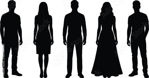 people silhouettes set, standing men women figures illustration, human body shapes collection, black vector isolated design, lifestyle characters template, background