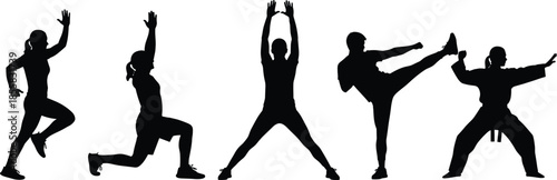 Illustrations of People Performing Lunges, Kicks, Jumping Jacks, and Karate Stances for Fitness