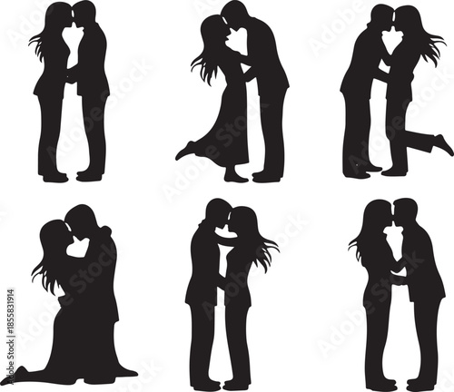Black silhouettes of couples kissing in various romantic poses