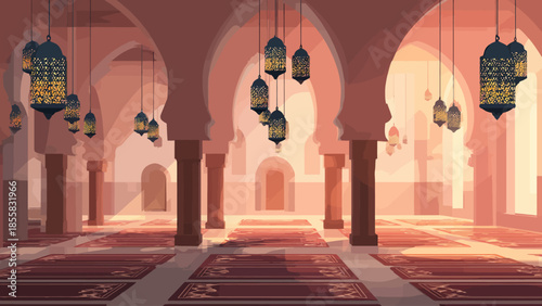 Serene interior of a traditional mosque with ornate lanterns and arches
