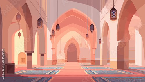Peaceful interior of a traditional mosque with arched architecture