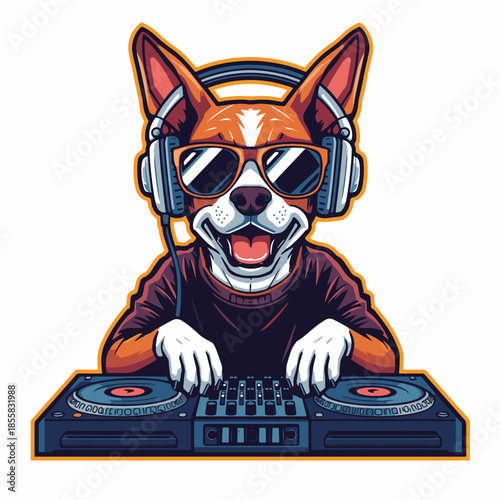 Energetic dog DJ wearing cool sunglasses and headphones, passionately mixing upbeat tunes on a professional turntable, creating a vibrant party atmosphere with stylish flair
