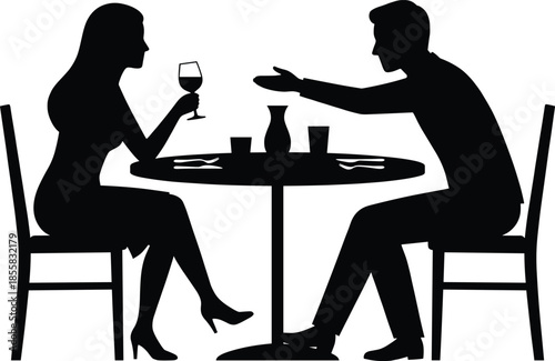 romantic couple dinner silhouettes, man woman dining conversation illustration, date night restaurant scene, relationship communication concept, black vector isolated design
