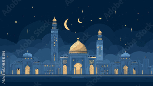 Night view of illuminated mosque with crescent moon and stars