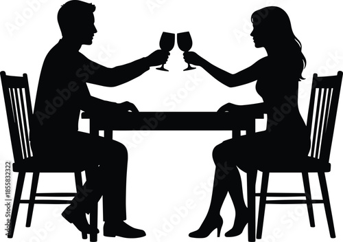 romantic couple toasting wine silhouettes, man woman dinner celebration illustration, date night restaurant scene, relationship love concept, black vector isolated