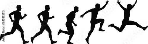 running man silhouette sequence, athletic motion progression illustration, jumping male runner poses, fitness training concept, black vector isolated, background, design