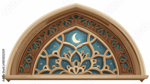 Ornate decorative arch window with crescent moon and stars design