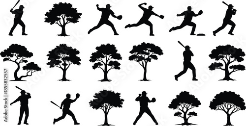 including batter, pitcher, fielder, and various trees for sports emblems, outdoor events, and nature logos.