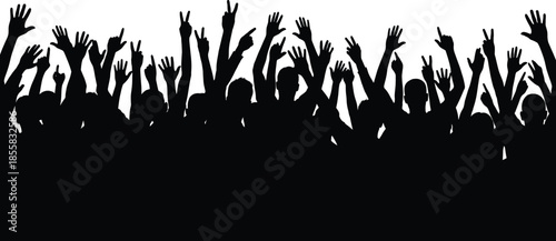 Silhouette crowd cheering concert audience with raised hands celebrating music festival party energy isolated on white background vector illustration concept