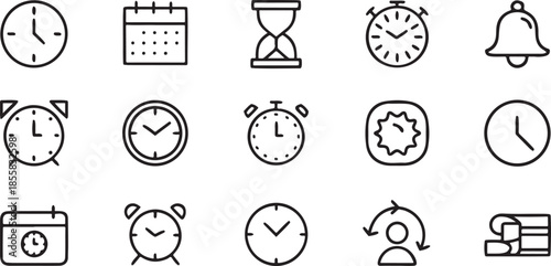 Collection of minimalist time and schedule line icons featuring clocks calendars and stopwatches ideal for app design web elements and productivity concepts