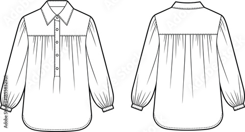 Women blouse shirt technical fashion sketch front back view, long sleeve button design, cad drawing flat vector illustration