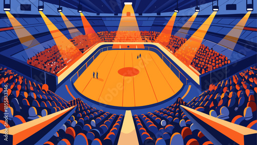 Illuminated basketball court in large arena