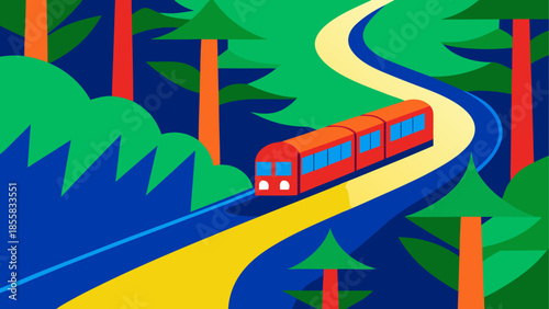 Train journey through forest