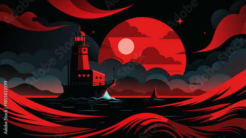 Lighthouse under red moon