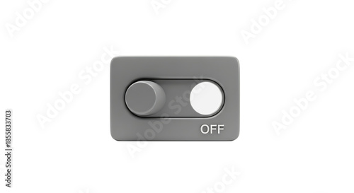 Gray toggle switch in the off position with the word off displayed isolated on transparent background