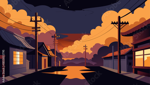 Sunset over suburban street