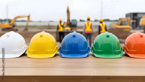Colorful hard hats on a construction site with heavy machinery