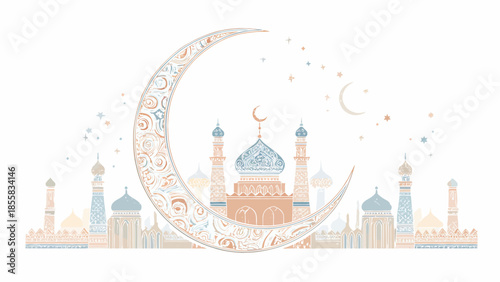 Ornate crescent moon with mosque silhouette in pastel colors
