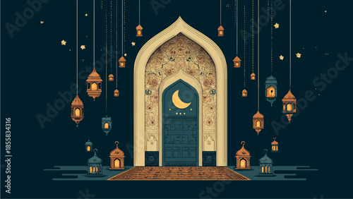 Elegant Islamic door with hanging lanterns and intricate patterns
