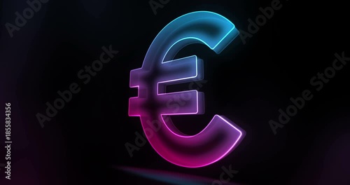 Euro EUR EU currency european money glass style symbol seamless and looped. Colour transparent 3d light neon rotated icon concept abstract animation.