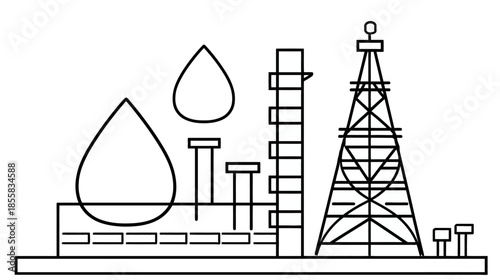 Industrial factory complex line art illustration with oil rig, chemical plant, and processing facilities for energy production